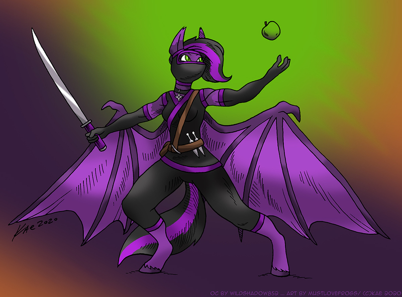 Size: 1200x886 | Tagged: safe, artist:kaemantis, deleted from derpibooru, derpibooru import, oc, oc:night blossom, unofficial characters only, anthro, bat pony, apple, food, gradient background, ninja, solo, sword, weapon