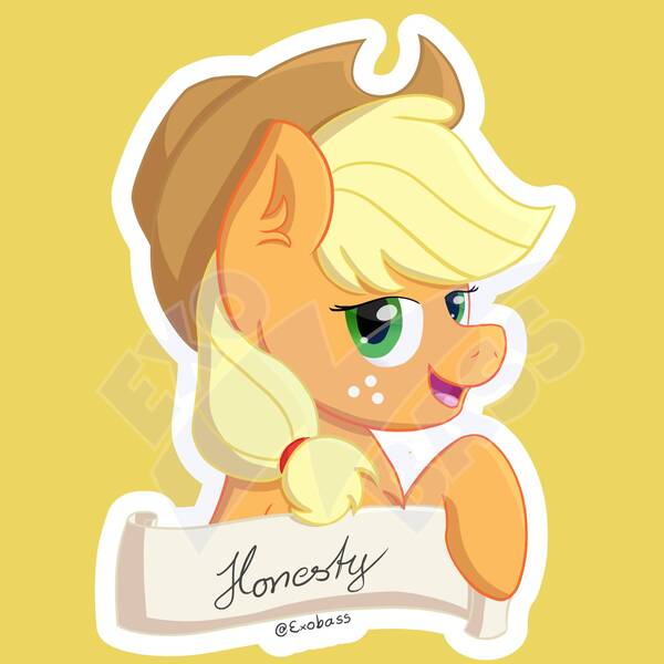 Size: 2000x2000 | Tagged: safe, artist:exobass, derpibooru import, applejack, earth pony, pony, bust, cute, element of honesty, female, hat, honesty, jackabetes, looking at you, obtrusive watermark, old banner, outline, simple background, solo, watermark, white outline, yellow background