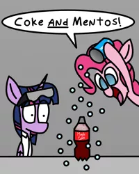 Size: 1213x1520 | Tagged: safe, artist:rainbowbacon, derpibooru import, pinkie pie, twilight sparkle, twilight sparkle (alicorn), alicorn, earth pony, pony, coke, coke bottle, mentos, mentos and diet coke, newbie artist training grounds, soda, this will not end well