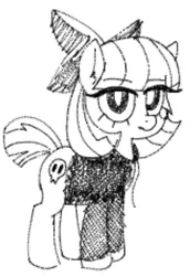 Size: 580x844 | Tagged: safe, artist:wafflecakes, derpibooru import, earth pony, pony, bow, female, fishnets, hair bow, lidded eyes, looking at you, monochrome, simple background, sketch, solo, unamused, white background