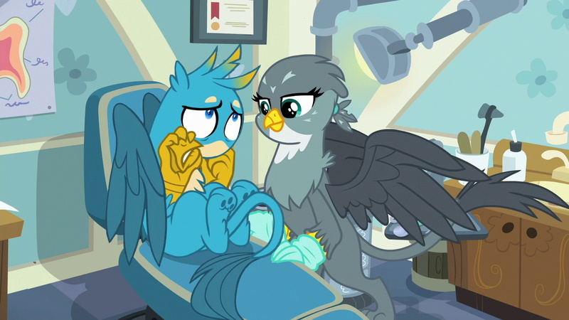 Size: 1280x720 | Tagged: safe, derpibooru import, edit, edited screencap, screencap, gabby, gallus, gryphon, the fault in our cutie marks, beak, beakless, cartoon physics, dentist, dentist chair, duo, female, got your nose, gritted teeth, i have no mouth and i must scream, male, modular, nervous, no mouth, paw pads, paws, ponytail, story included, underpaw