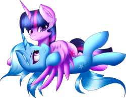 Size: 1944x1506 | Tagged: safe, artist:pikalps, derpibooru import, trixie, twilight sparkle, twilight sparkle (alicorn), alicorn, pony, unicorn, female, lesbian, mare, on back, shipping, simple background, transparent background, twixie