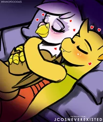 Size: 862x1024 | Tagged: safe, artist:jcosneverexisted, derpibooru import, gilda, oc, oc:ren the changeling, changeling, gryphon, bed, canon x oc, cuddling, eyes closed, female, gilren, heart, hug, lying down, male, shipping, side, spooning, yellow changeling