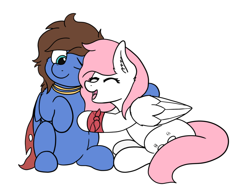 Size: 2655x2118 | Tagged: safe, artist:aaathebap, derpibooru import, oc, oc:bizarre song, oc:sugar morning, unofficial characters only, pegasus, pony, cape, clothes, colored, couple, cute, eyes closed, female, happy, hug, male, mare, not fluttershy, oc x oc, shipping, simple background, sitting, smiling, stallion, straight, sugarre, transparent background