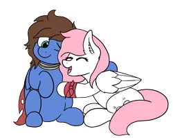 Size: 2655x2118 | Tagged: safe, artist:aaathebap, derpibooru import, oc, oc:bizarre song, oc:sugar morning, unofficial characters only, pegasus, pony, cape, clothes, colored, couple, cute, eyes closed, female, happy, hug, male, mare, not fluttershy, oc x oc, shipping, simple background, sitting, smiling, stallion, straight, sugarre, transparent background