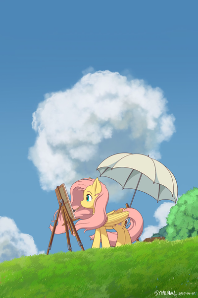 Size: 2560x3840 | Tagged: safe, artist:symbianl, derpibooru import, edit, fluttershy, pegasus, pony, cloud, crossover, easel, female, folded wings, looking at something, mare, mouth hold, movie poster, outdoors, paintbrush, parody, phone wallpaper, poster parody, profile, solo, standing, studio ghibli, the wind rises, umbrella, upscaled, wallpaper, wallpaper edit, windswept mane, wings