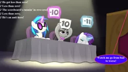 Size: 1280x720 | Tagged: arthur howard, beverly mickins, bloom and gloom, bowtie, derpibooru import, double facehoof, edit, edited screencap, facehoof, implied oc, less than zero, lyrics, magic, magic aura, octavia is not amused, octavia melody, offscreen character, rarity, rarity is not amused, safe, screencap, song reference, speech bubble, square one tv, sunglasses, text, unamused, vinyl scratch, vinyl scratch is not amused