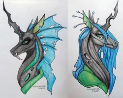 Size: 1600x1280 | Tagged: alternate design, artist:dementra369, bust, changeling, changeling queen, colored pencil drawing, comparison, derpibooru import, fangs, female, portrait, queen chrysalis, safe, solo, traditional art