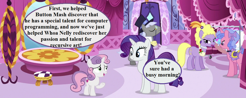 Size: 1280x512 | Tagged: caesar, carousel boutique, clothes, count caesar, cropped, derpibooru import, dialogue, dress, edit, edited screencap, hat, implied button mash, implied whoa nelly, lyrica lilac, monocle, rarity, royal ribbon, saddle, safe, screencap, speech bubble, sweetie belle, tack, the cart before the ponies, top hat