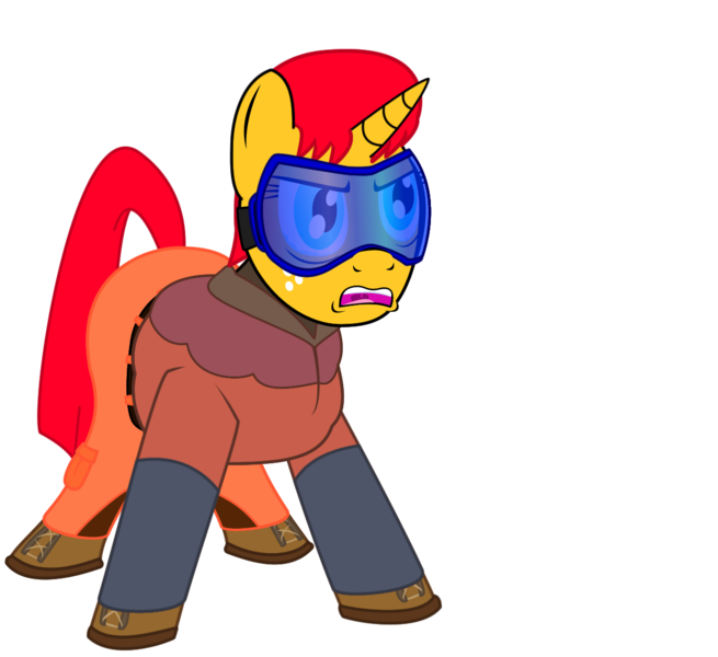 Size: 1200x1100 | Tagged: safe, derpibooru import, oc, oc:dr. headspace, pony, unicorn, angry, boots, clothes, female, freckles, mare, pants, parka, shoes, simple background, snow goggles, solo, teary eyes, transparent background, vector
