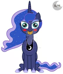 Size: 600x699 | Tagged: safe, artist:princesslunayay, derpibooru import, princess luna, alicorn, pony, blushing, chocolate chip cookies, cookie, crown, cute, deviantart, deviantart watermark, ethereal mane, ethereal tail, eyeshadow, female, food, hoof shoes, jewelry, logo, looking at you, lunabetes, makeup, mare, necklace, nibbling, nom, obtrusive watermark, regalia, simple background, sitting, smiling, solo, starry eyes, starry mane, watermark, white background, wingding eyes