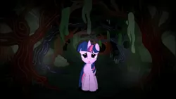 Size: 1360x765 | Tagged: safe, derpibooru import, screencap, twilight sparkle, pony, unicorn, journey of the spark, bush, female, forest, grass, limping, mare, mist, moss, night, scared, solo, tree, unicorn twilight, youtube, youtube link