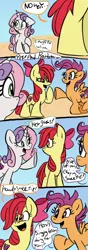 Size: 280x800 | Tagged: safe, artist:mirabuncupcakes15, derpibooru import, apple bloom, scootaloo, sweetie belle, earth pony, pegasus, pony, unicorn, series:cmc future, growing up is hard to do, the last problem, alternate hairstyle, apple bloom's bow, bow, comic, cutie mark crusaders, female, hair bow, implied rainbow dash, mare, older, older apple bloom, older cmc, older scootaloo, older sweetie belle, open mouth, raised hoof, raised leg, trio