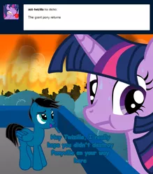 Size: 3600x4109 | Tagged: safe, artist:agkandphotomaker2000, derpibooru import, twilight sparkle, oc, oc:pony video maker, oc:twizilla, pegasus, pony, tumblr:pony video maker's blog, ask, chaos, destruction, dialogue, fire, forest, looking away, ponyville, rooftop, show accurate, sweat, tree, tumblr, twizilla