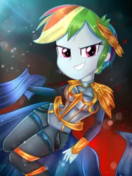 Size: 1800x2400 | Tagged: safe, artist:artmlpk, derpibooru import, rainbow dash, equestria girls, adorable face, adorasexy, adorkable, alternate hairstyle, armband, armor, badass, beautiful, belt, crown, cute, dashabetes, design, digital art, dork, fantasy, fantasy class, female, fire, gold, jewelry, looking at you, pixie cut, regalia, sexy, short hair, smiley face, smiling, smiling at you, solo, sunflare, warrior
