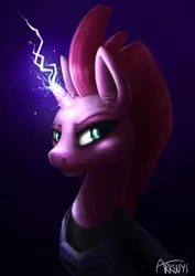 Size: 2232x3154 | Tagged: safe, artist:loukaw, derpibooru import, tempest shadow, pony, unicorn, my little pony: the movie, bust, ear fluff, electricity magic, female, glowing horn, high res, horn, magic, mare, solo