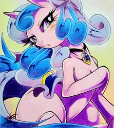 Size: 1816x2048 | Tagged: suggestive, artist:025aki, derpibooru import, royal ribbon, pony, unicorn, blushing, breasts, chestbreasts, covering, female, jewelry, looking at you, mare, necklace, solo, teasing, traditional art