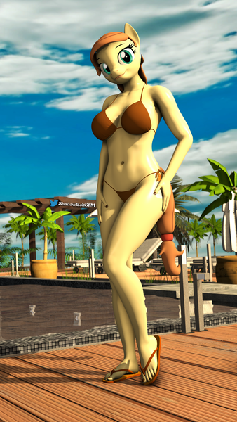 Size: 1620x2880 | Tagged: 3d, anthro, artist:shadowboltsfm, big breasts, bikini, breasts, clothes, derpibooru import, feet, female, flip-flops, high res, legs, looking at you, milf, oc, oc:cream heart, palm tree, plantigrade anthro, poolside, sandals, sfm pony, smiling, source filmmaker, suggestive, swimsuit, tree