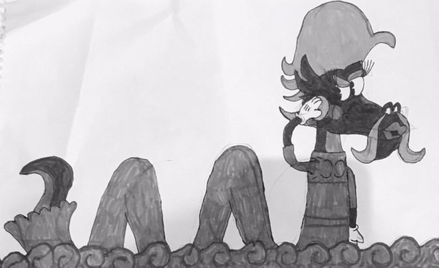 Size: 640x391 | Tagged: artist:whistle blossom, black and white, clothes, crossdressing, cuphead, derpibooru import, dress, femboy, gloves, grayscale, implied bra, lipstick, looking at you, male, monochrome, old timey, perfume, safe, sea serpent, simple background, solo, steven magnet, style emulation, traditional art, white background