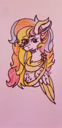 Size: 1960x4032 | Tagged: safe, artist:itsnatcherx, derpibooru import, oc, oc:rainbow dreams, pegasus, pony, bust, chest fluff, eye clipping through hair, female, horn, multicolored hair, rainbow hair, ribbon, two toned wings, wings