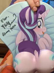 Size: 374x499 | Tagged: artist:pearlyiridescence, autograph, both cutie marks, butt, derpibooru import, featureless crotch, glimmer glutes, harmonycon 2020, irl, kelly sheridan, mousepad, mousepad for the fearless, oppai mousepad, photo, plot, starlight glimmer, suggestive