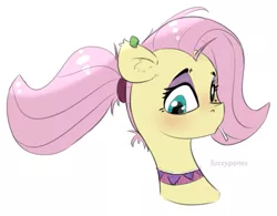 Size: 957x745 | Tagged: safe, artist:fuzzypones, derpibooru import, fluttershy, pegasus, pony, alternate hairstyle, blushing, bust, candy, choker, chokershy, ear fluff, ear piercing, eyeshadow, female, food, lollipop, looking at you, makeup, mare, piercing, portrait, simple background, solo, stray strand, three quarter view, white background