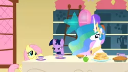 Size: 1920x1080 | Tagged: a bird in the hoof, animation error, apple, derpibooru import, fluttershy, food, pie, princess celestia, safe, sandwich, screencap, twilight sparkle