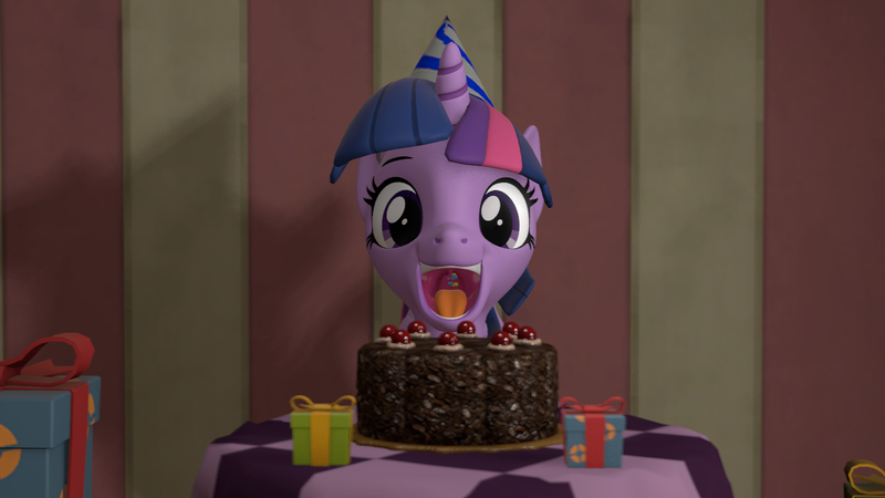 Size: 1280x720 | Tagged: questionable, artist:mrm, derpibooru import, twilight sparkle, twilight sparkle (alicorn), oc, oc:cuteamena, alicorn, earth pony, birthday cake, cake, drool, drool string, earth pony oc, esophagus, fetish, food, gift art, gullet, hat, maw, micro, mouthplay, oral invitation, party hat, portal (valve), present, revored, salivating, slimy, taste buds, the cake is a lie, twipred, uvula, uvula hug, vore, willing vore