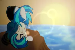 Size: 9964x6600 | Tagged: safe, artist:agkandphotomaker2000, derpibooru import, vinyl scratch, oc, oc:pony video maker, anthro, pegasus, pony, unicorn, afternoon, canon x oc, cliff, female, flank, lens flare, male, ocean, rear view, shipping, show accurate, side by side, sitting, straight, sunset, videoscratch