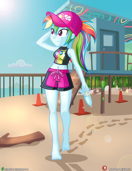 Size: 1500x1942 | Tagged: suggestive, alternate version, artist:dieart77, derpibooru import, rainbow dash, equestria girls, beach, breasts, female, food, footprint, footprints, popsicle, solo, solo female