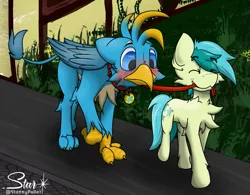 Size: 1037x807 | Tagged: safe, artist:starrypallet, derpibooru import, gallus, sandbar, earth pony, gryphon, pony, blushing, chest fluff, collar, cute, cutie mark collar, eyes closed, gallabetes, grin, leash, male, mouth hold, pet play, pet tag, sandabetes, smiling, stallion, wings