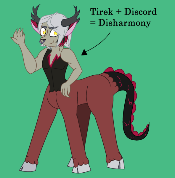 Size: 1852x1880 | Tagged: artist:everythingf4ngirl, cloven hooves, derpibooru import, green background, hybrid, interspecies offspring, magical gay spawn, male, nose piercing, nose ring, oc, oc:disharmony, offspring, parent:discord, parent:lord tirek, parents:tirekcord, piercing, safe, simple background, solo