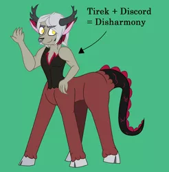 Size: 1852x1880 | Tagged: artist:everythingf4ngirl, cloven hooves, derpibooru import, green background, hybrid, interspecies offspring, magical gay spawn, male, nose piercing, nose ring, oc, oc:disharmony, offspring, parent:discord, parent:lord tirek, parents:tirekcord, piercing, safe, simple background, solo