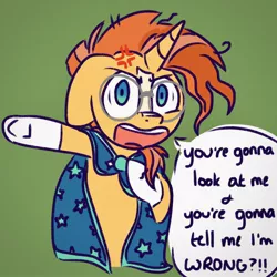 Size: 1966x1966 | Tagged: safe, artist:juulpone, derpibooru import, sunburst, pony, unicorn, angry, clothes, cross-popping veins, cute, dialogue, glasses, green background, madorable, male, pointing, robe, simple background, solo, speech bubble, stallion, sunbetes, sunburst's glasses, sunburst's robe