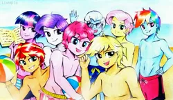 Size: 4007x2322 | Tagged: safe, artist:liaaqila, derpibooru import, applejack, fluttershy, pinkie pie, rainbow dash, rarity, sci-twi, sunset shimmer, trixie, twilight sparkle, equestria girls, applejack (male), beach, belly button, bubble berry, butterscotch, clothes, commission, dusk shine, elusive, equestria guys, humane five, humane seven, humane six, male, partial nudity, rainbow blitz, rule 63, sci-dusk, shorts, smiling, sunset glare, topless, tristan, waving