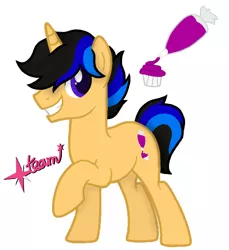 Size: 600x655 | Tagged: safe, artist:pony spark team, derpibooru import, oc, pony, unicorn, cupcake, cutie mark, food, looking at you, male, simple background, smiling, solo, standing, white background