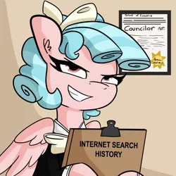 Size: 2250x2250 | Tagged: safe, artist:tjpones, derpibooru import, cozy glow, pegasus, pony, clipboard, female, freckles, grin, internet history, mare, older, older cozy glow, pure concentrated unfiltered evil of the utmost potency, pure unfiltered evil, school of friendship, smiling, solo, uh oh
