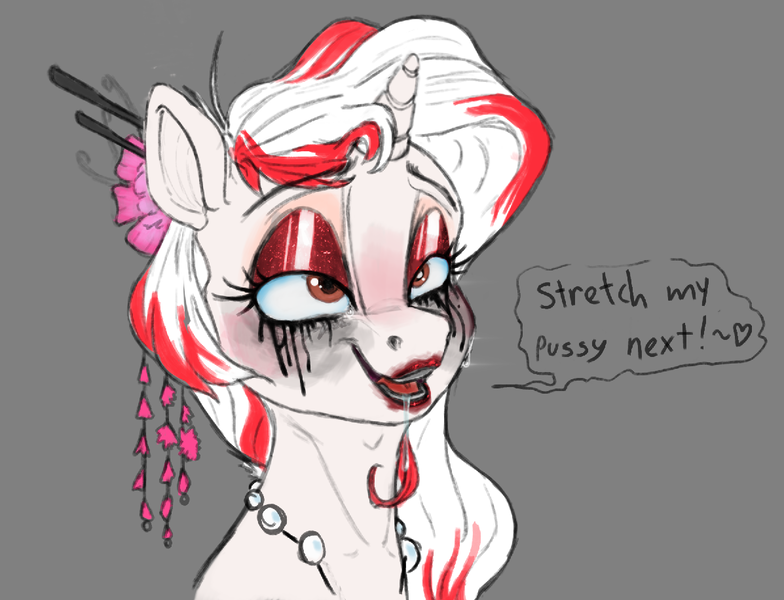 Size: 1197x916 | Tagged: questionable, artist:avirexiilunox, derpibooru import, oc, oc:koi fish, unicorn, bust, choker, eyeliner, eyeshadow, female, headwear, japanese, lipstick, makeup, mare, pink, red, running makeup, solo, solo female, until the choker breaks, white