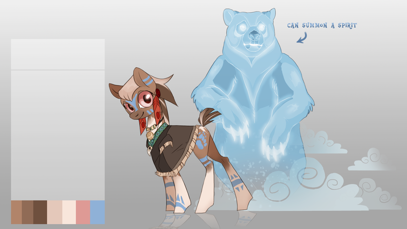 Size: 1920x1080 | Tagged: safe, alternate version, artist:skuld3, derpibooru import, oc, oc:matoka, unofficial characters only, bear, earth pony, pony, clothes, ear piercing, earring, feather, female, jewelry, mare, markings, native american, necklace, piercing, reference sheet, robe, solo, spirit, spirit animal, tattoo, tooth, tribal