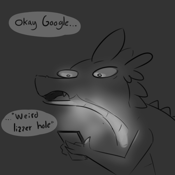 Size: 2250x2250 | Tagged: suggestive, artist:tjpones, derpibooru import, part of a set, spike, dragon, black background, dialogue, google assistant, male, mobile phone, monochrome, open mouth, phone, simple background, solo, weird lizzer hole