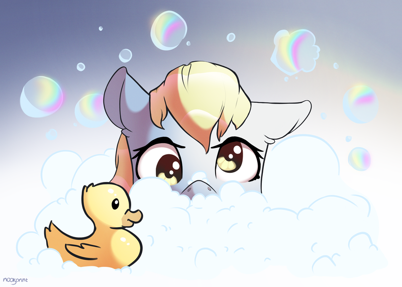 Size: 3500x2500 | Tagged: safe, artist:nookprint, derpibooru import, derpy hooves, pony, bath, bubble, cute, derpabetes, female, rubber duck, soap bubble, solo, wet, wet mane