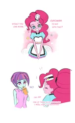 Size: 1000x1638 | Tagged: safe, artist:twilite-sparkleplz, derpibooru import, pinkie pie, sunny flare, coinky-dink world, eqg summertime shorts, equestria girls, clothes, comic, cute, dialogue, diapinkes, drinking, female, hat, server pinkie pie, slushie, smiling, starry eyes, wingding eyes