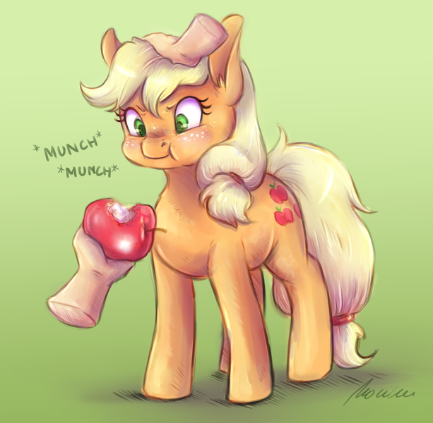 Size: 1955x1915 | Tagged: safe, artist:buttersprinkle, derpibooru import, applejack, earth pony, human, pony, apple, blushing, cute, disembodied hand, eating, female, food, hand, herbivore, horses doing horse things, jackabetes, munching, offscreen character, offscreen human, petting, simple background, that pony sure does love apples