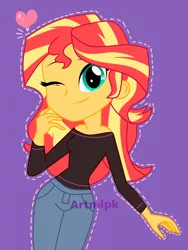 Size: 1800x2400 | Tagged: safe, artist:artmlpk, derpibooru import, sunset shimmer, equestria girls, adorable face, adorkable, beautiful, clothes, cute, digital art, dork, heart, jeans, looking at you, one eye closed, pants, shimmerbetes, simple background, smiling, smiling at you, solo, vector, watermark, wink