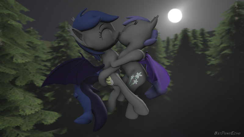 Size: 1280x720 | Tagged: safe, alternate version, artist:batponyecho, derpibooru import, oc, oc:echo, oc:midnight blossom, unofficial characters only, bat pony, pony, 3d, bat pony oc, bat wings, commission, cutie mark, eyes closed, female, flying, forest, kissing, lesbian, mare, moon, night, oc x oc, shipping, source filmmaker, spread wings, tail, tree, wings, ych result