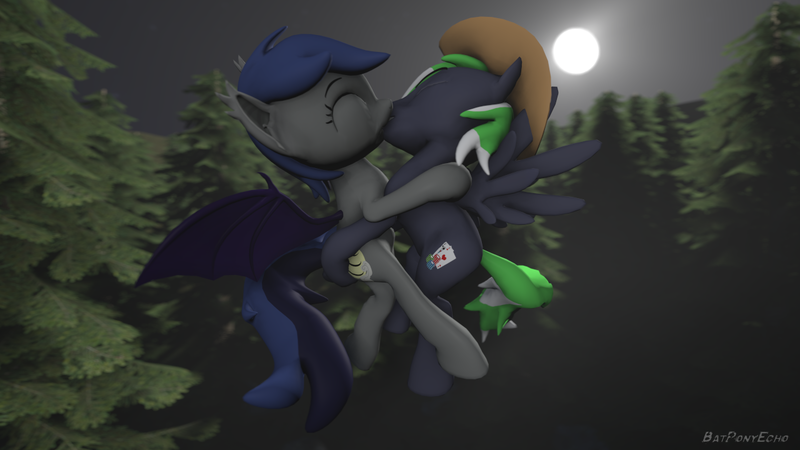 Size: 1280x720 | Tagged: safe, alternate version, artist:batponyecho, derpibooru import, oc, oc:echo, oc:moonlit ace, unofficial characters only, bat pony, pegasus, pony, 3d, bat pony oc, bat wings, commission, cowboy hat, cutie mark, eyes closed, female, flying, forest, hat, kissing, male, mare, moon, night, oc x oc, shipping, source filmmaker, spread wings, stallion, straight, tail, tree, wings, ych result