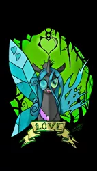 Size: 1080x1896 | Tagged: artist:dragonthecreeper1, black background, changeling, changeling queen, crown, derpibooru import, duality, female, glasses, idw, idw showified, jewelry, mirror universe, queen chrysalis, reflections, regalia, reversalis, safe, signature, simple background, solo, spoiler:comic, two sides