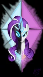 Size: 1080x1896 | Tagged: safe, artist:dragonthecreeper1, derpibooru import, idw, nightmare rarity, rarity, pony, unicorn, black background, bust, duality, female, glowing horn, horn, idw showified, mare, peytral, portrait, signature, simple background, solo, two sides