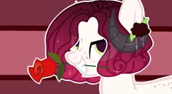 Size: 1397x768 | Tagged: safe, artist:lazuli, derpibooru import, oc, unofficial characters only, original species, pony, abstract background, eye clipping through hair, flower, flower in hair, flower in mouth, freckles, grin, horn, mouth hold, rose, rose in mouth, smiling, solo