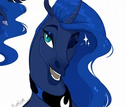 Size: 2190x1874 | Tagged: alicorn, artist:punkypants, bust, cute, derpibooru import, female, hoers, lunabetes, mare, one eye closed, peytral, portrait, princess luna, safe, signature, slit pupils, smiling, solo, wink